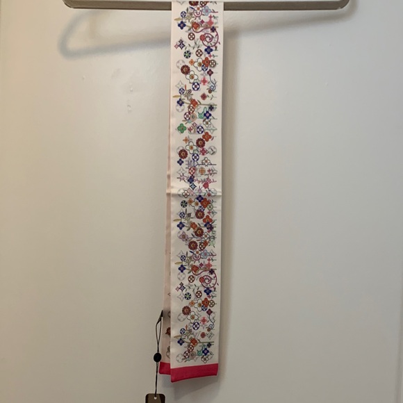 Louis Vuitton Accessories - Silk Scarf Twilly with Colorful Floral Motif - Pink Trim